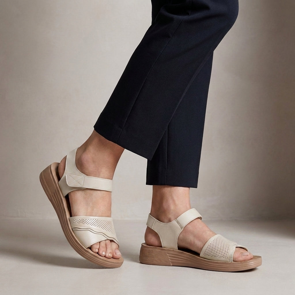 Adjustable Ankle Strap Flat Sandals with Textured Platform Sole