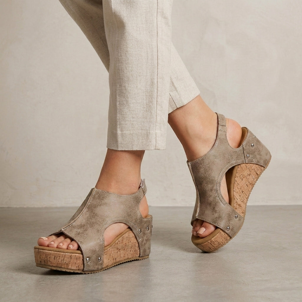 Modern Open-Toe Slip-On Wedge Sandals with Rivet Trim and Cork Platform