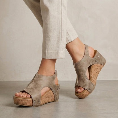 Modern Open-Toe Slip-On Wedge Sandals with Rivet Trim and Cork Platform