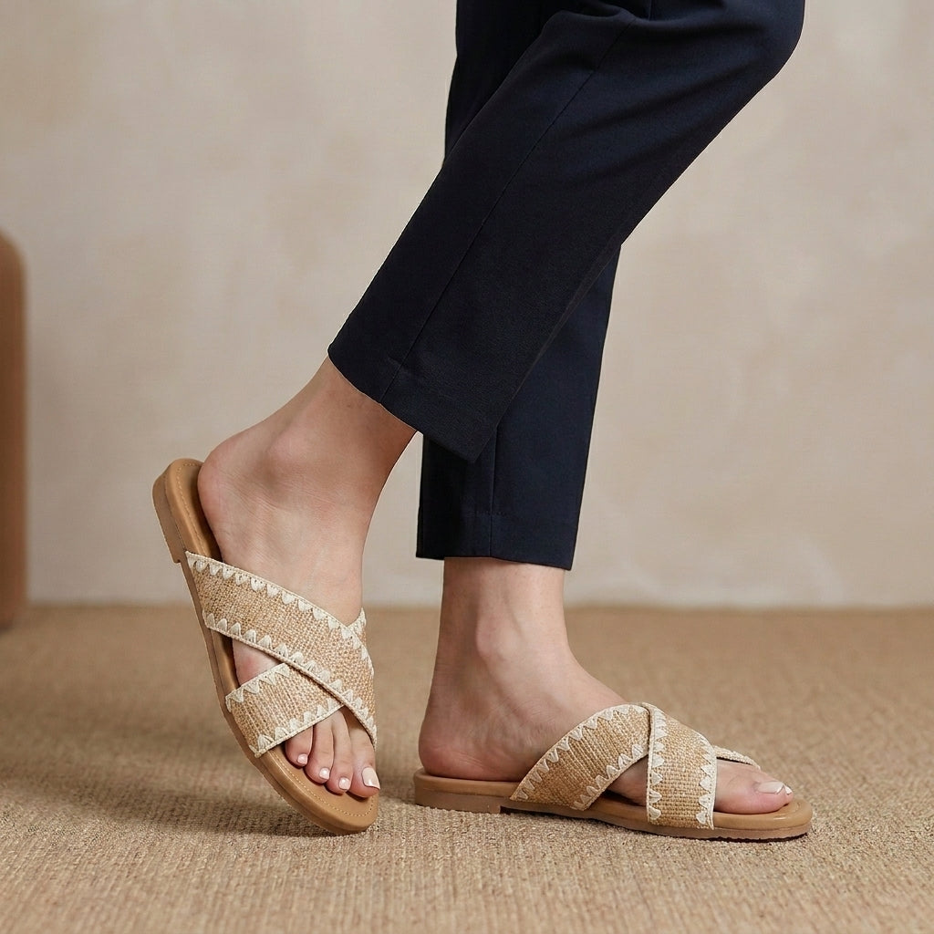 Woven Cross-Strap Slide Sandals with Scalloped Contrast Trim