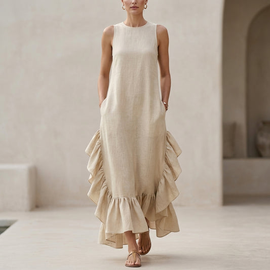 Flowing Sleeveless Maxi Dress with Dramatic Ruffle Hem and Pockets