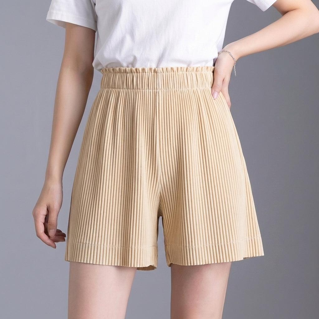 High-Waisted Wide-Leg Pleated Shorts with Ruffle-Trim Waistband
