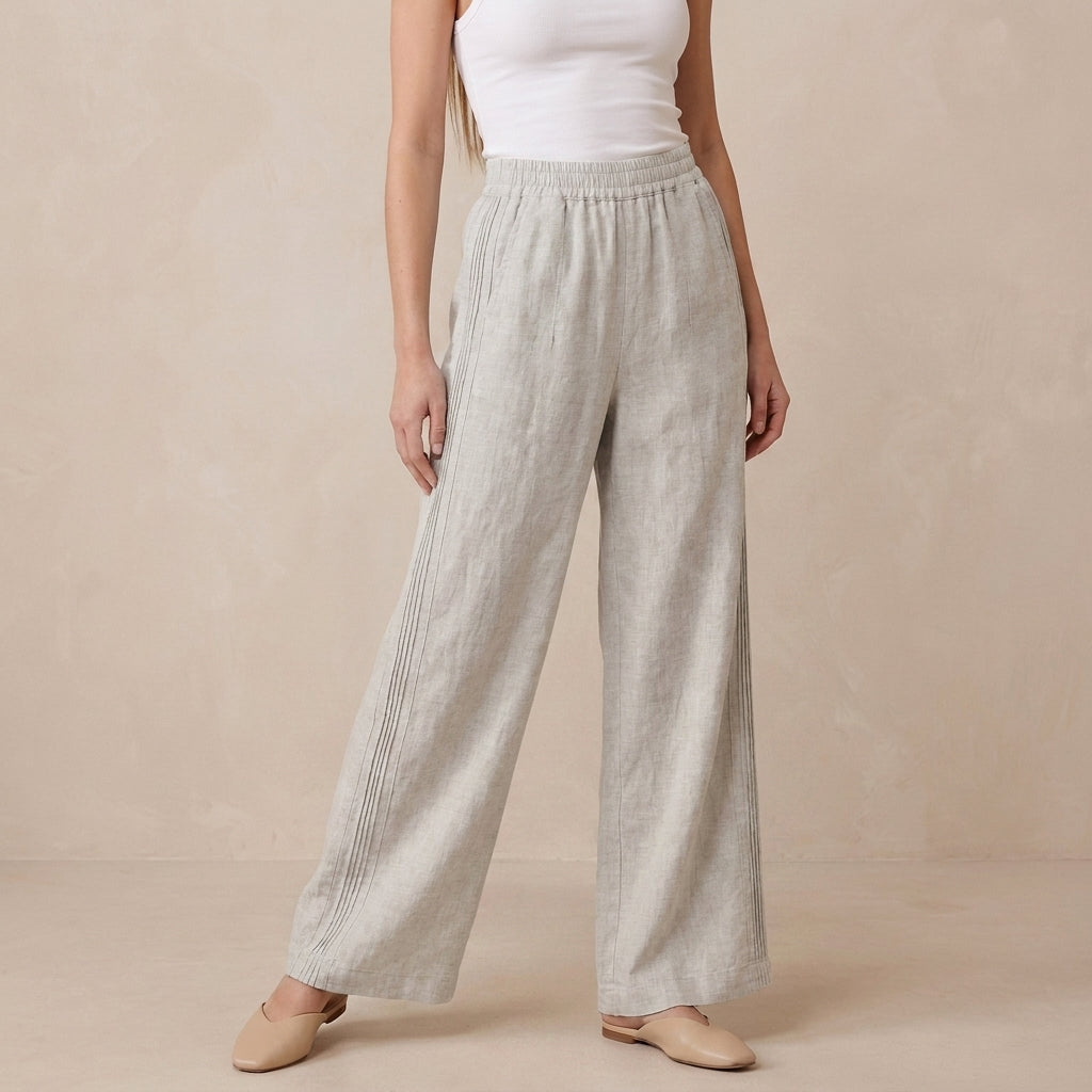 High-Rise Wide-Leg Casual Pants with Textured Vertical Detailing