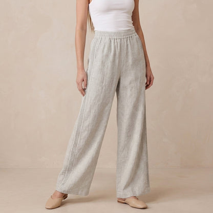 High-Rise Wide-Leg Casual Pants with Textured Vertical Detailing