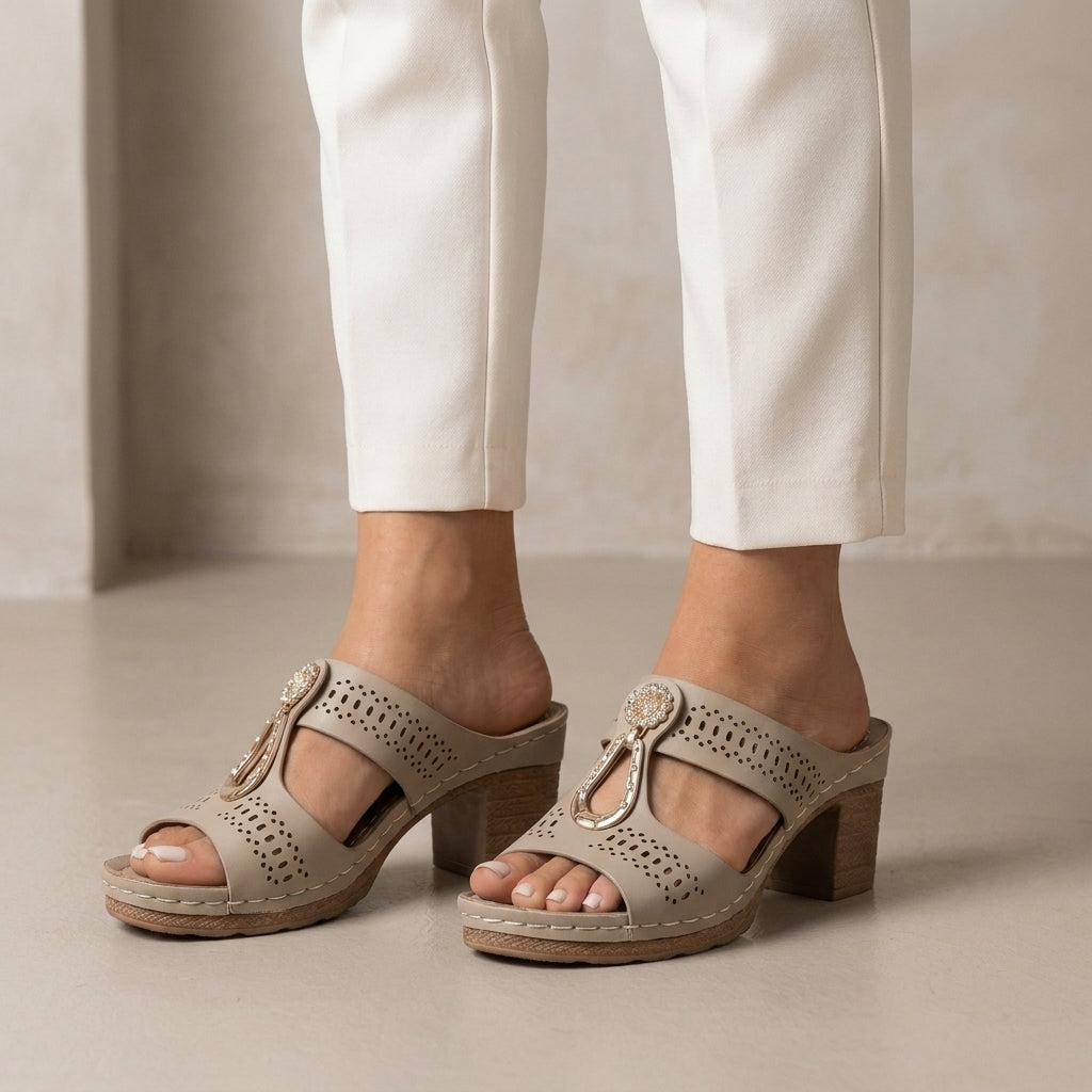 Laser-Cut Platform Slide Sandals with Rhinestone Accent