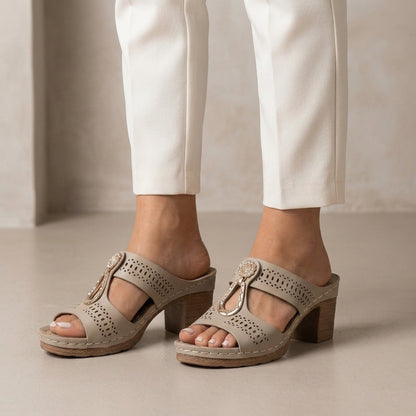 Laser-Cut Platform Slide Sandals with Rhinestone Accent