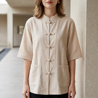 Minimalist Mandarin Collar Blouse with Elegant Knot Button Detail