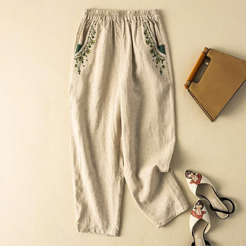 Linen Relaxed Fit Ankle-Length Harem Pants with Embroidered Pockets