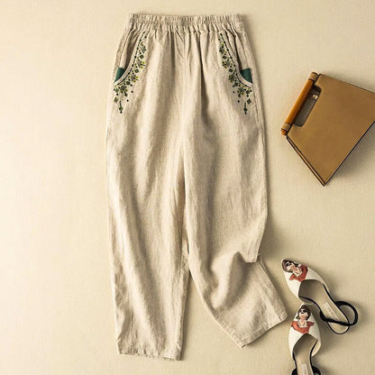 Linen Relaxed Fit Ankle-Length Harem Pants with Embroidered Pockets
