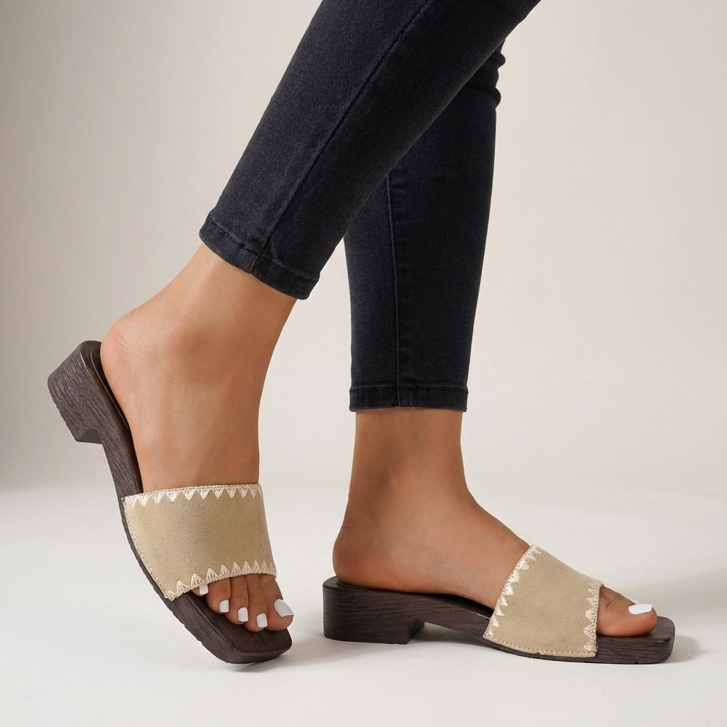 Wide-Strap Embroidered Slide Sandals with Sculpted Wood-Grain Sole