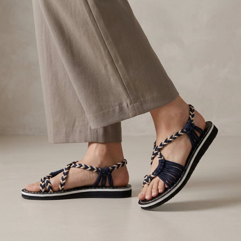 Braided Strappy Sandals with Wrapped Ankle and Contrast Stitching