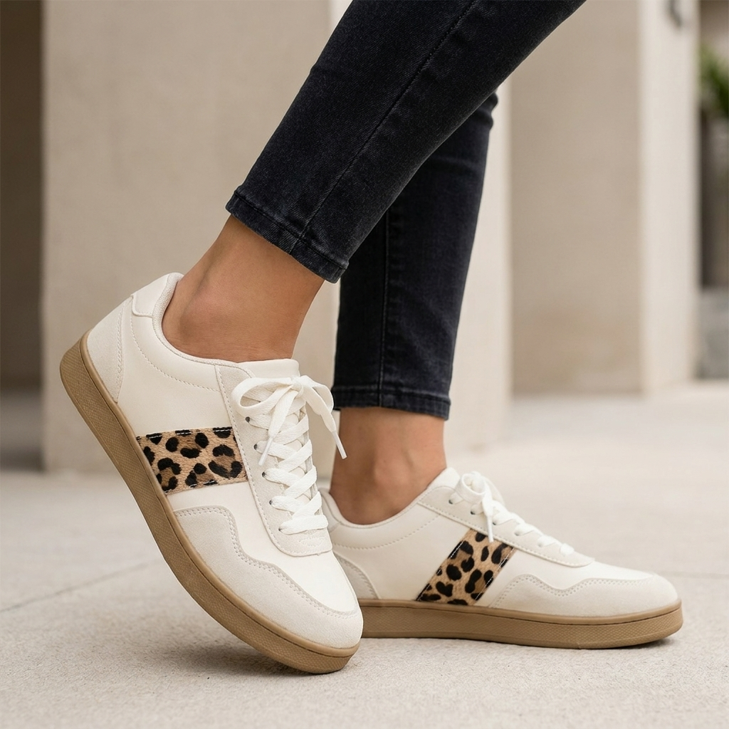Women's Structured Low-Top Sneakers with Textured Animal Print Accents