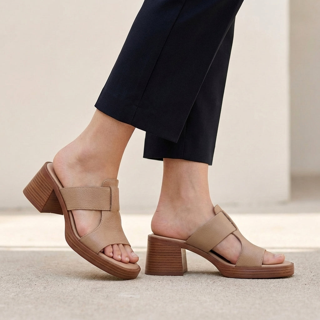 Alessia Pebbled Block Heel Slide Sandals with Sculptural Cutout Strap