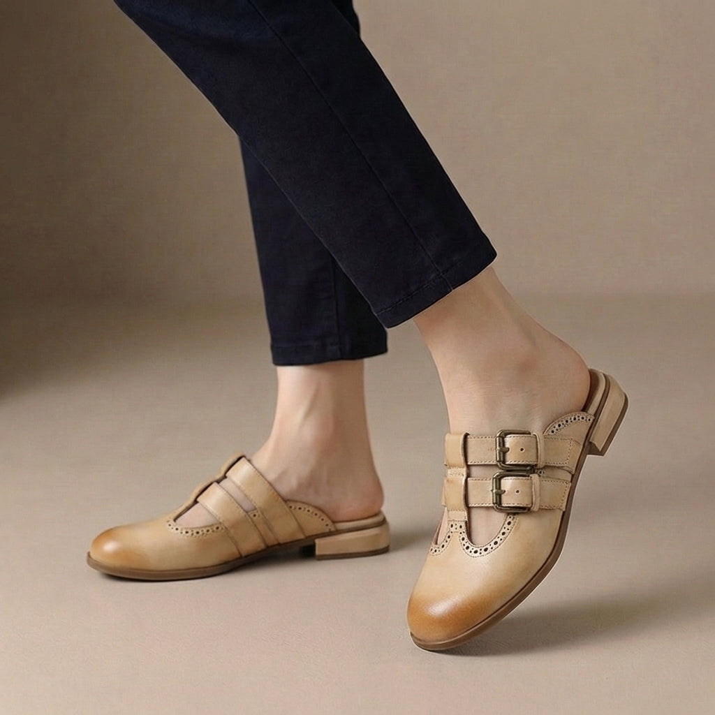Slip-On Mule Heels with Brogue Detailing and Double Buckle Straps