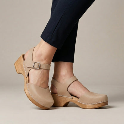 Classic Buckle Strap Clog Sandals with Elevated Wooden Sole