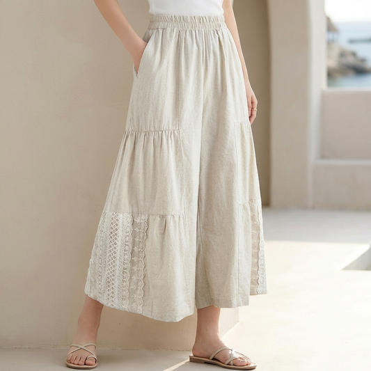 Women's Tiered Wide-Leg Cropped Pants with Lace Insets and Pockets