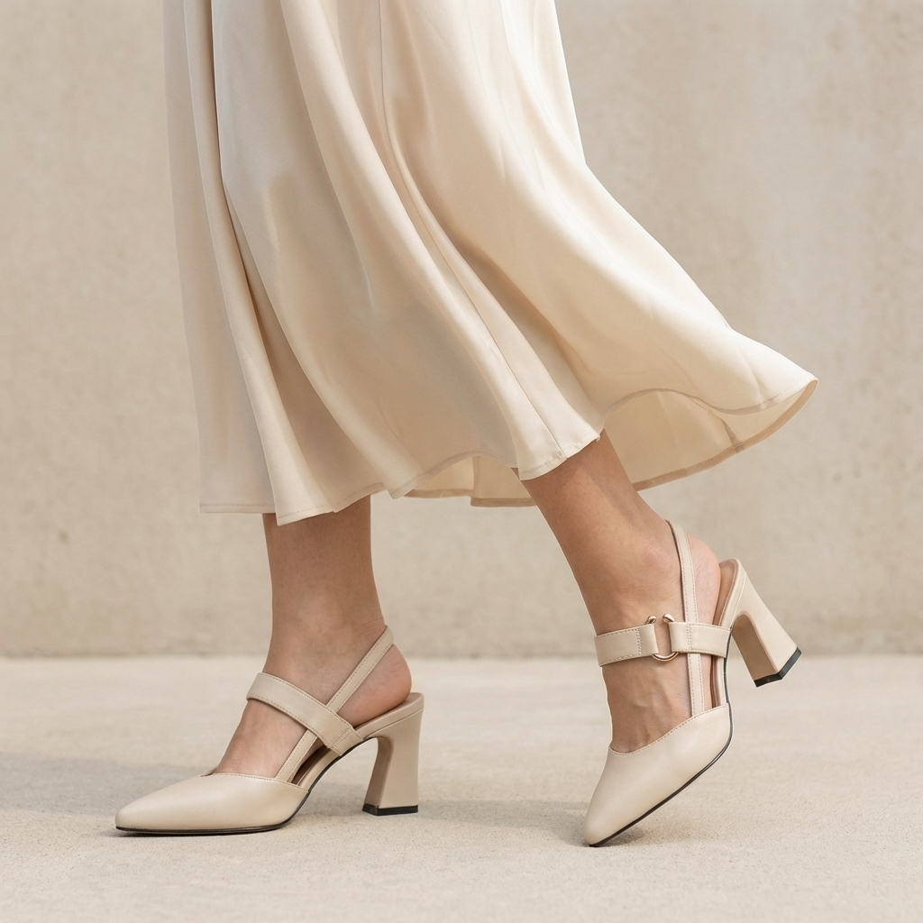 Pointed Toe Slingback Block Heels with Metallic Accent