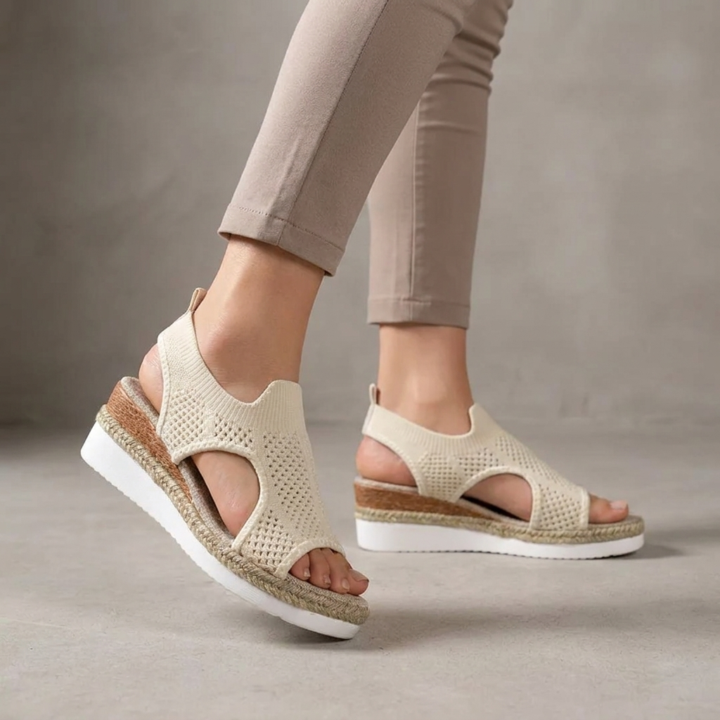 Breathable Perforated Knit Slingback Wedge Sandals with Textured Midsole