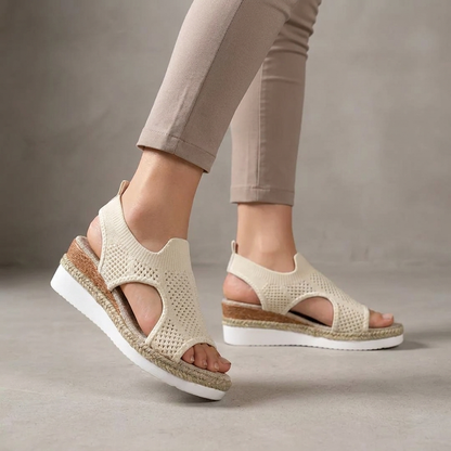 Breathable Perforated Knit Slingback Wedge Sandals with Textured Midsole