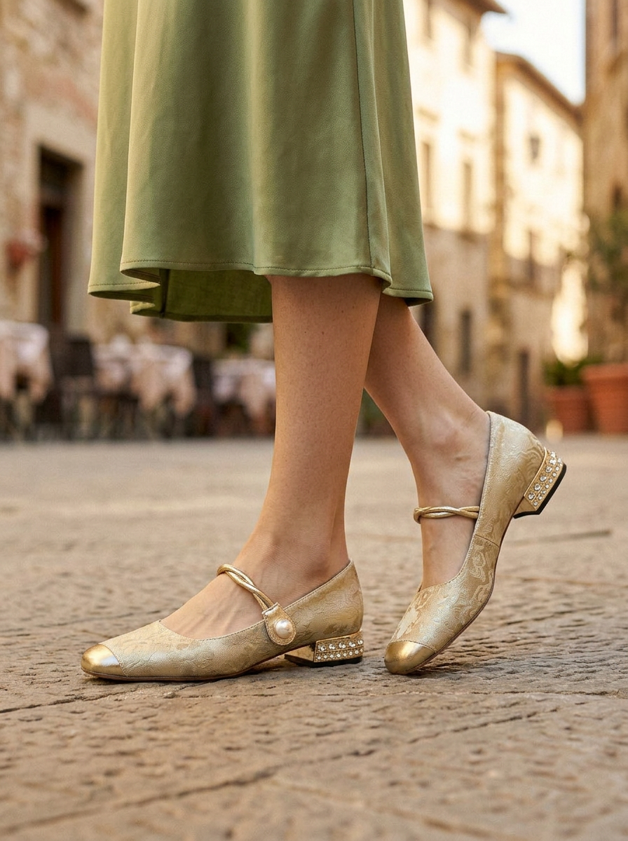 Elegant Brocade Mary Jane Shoes with Pearl-Embellished Metallic Strap
