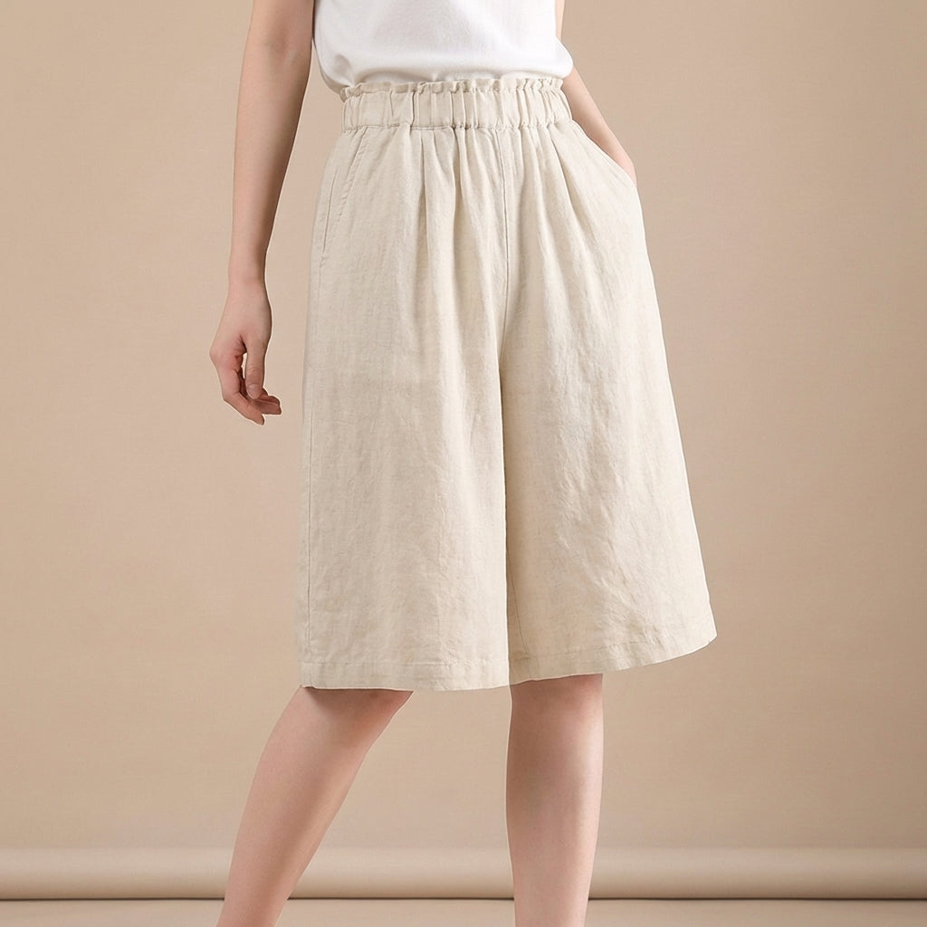 Relaxed Wide-Leg Shorts with Gathered Waistband and Pockets