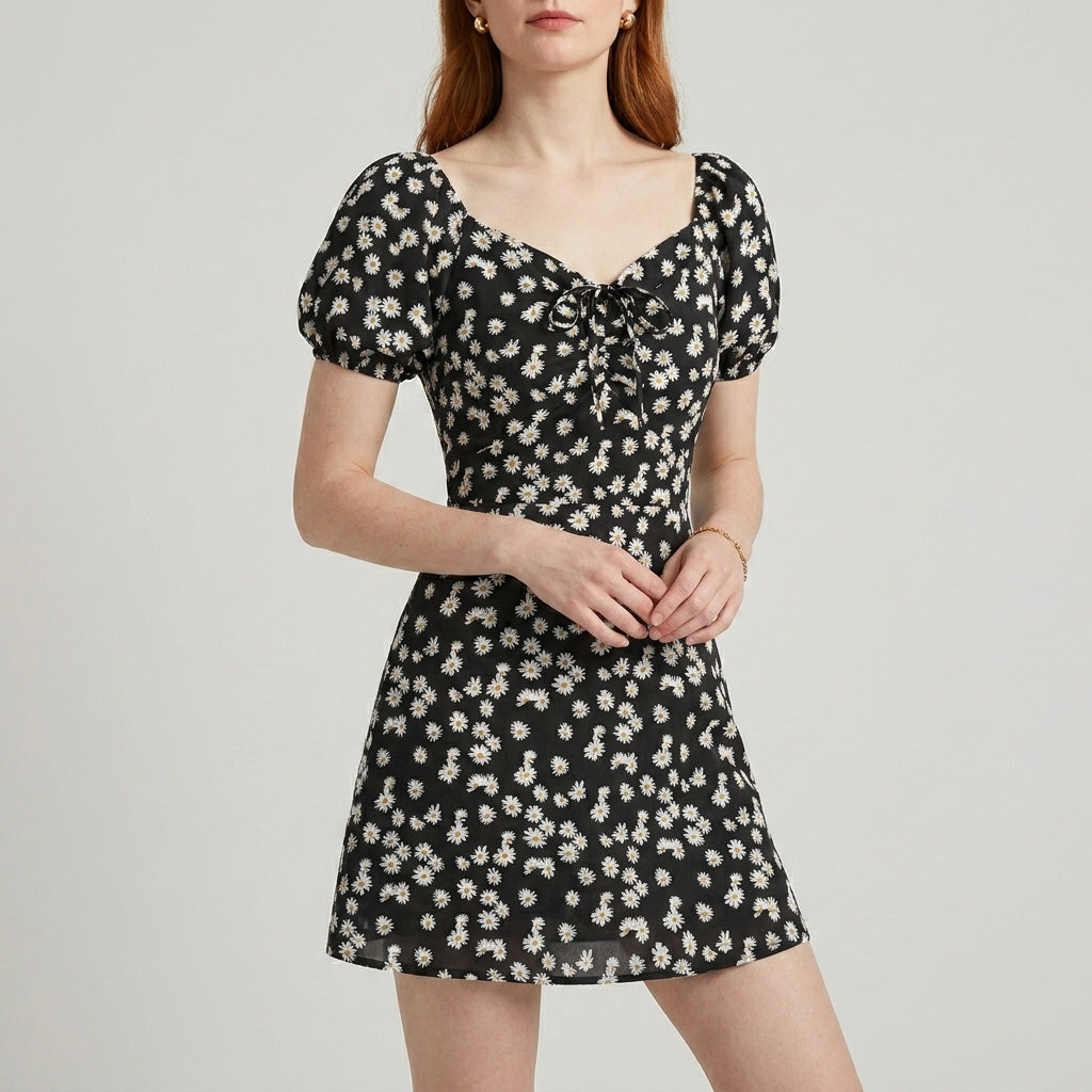Daisy Meadow Puff Sleeve Tie Front Mini Dress
