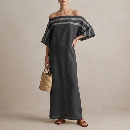 Oversized Off-Shoulder Striped Maxi Dress with Draped Sleeves