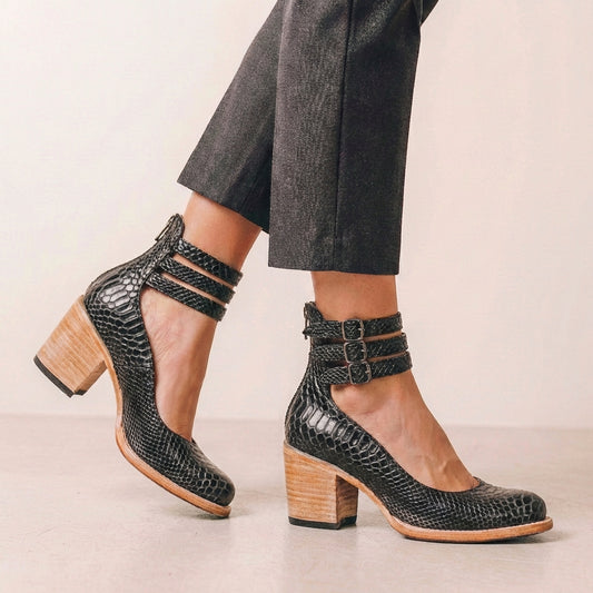Distressed Vegan Leather Block Heel Pumps with Buckled Ankle Straps and Cut-Out Details