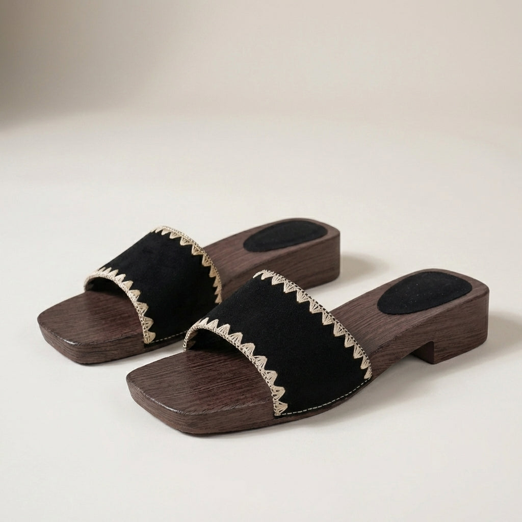 Wide-Strap Embroidered Slide Sandals with Sculpted Wood-Grain Sole