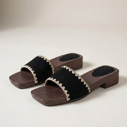 Wide-Strap Embroidered Slide Sandals with Sculpted Wood-Grain Sole