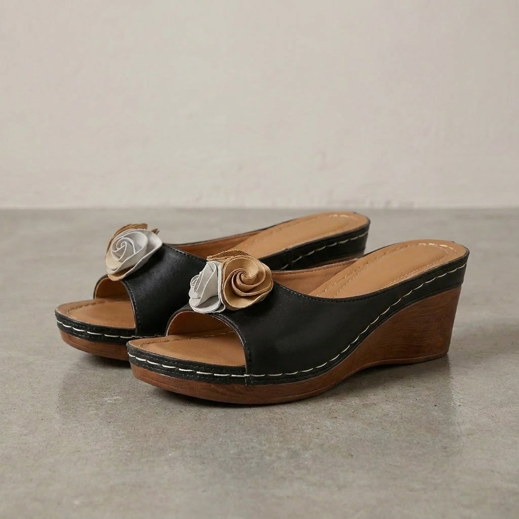 Wedge Slide Sandals with Layered Floral Accent and Cushioned Footbed