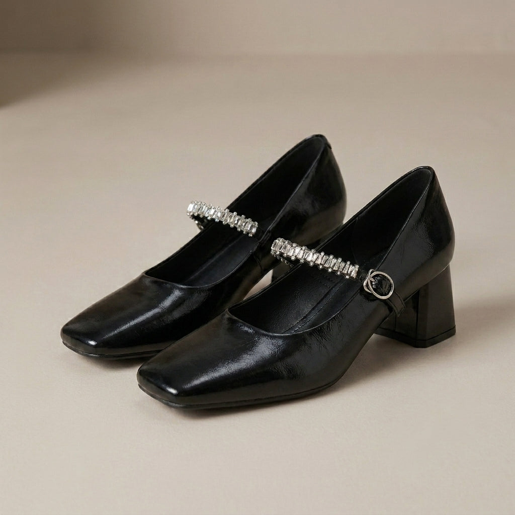 Square Toe Mary Jane Heels with Crystal Strap Detail