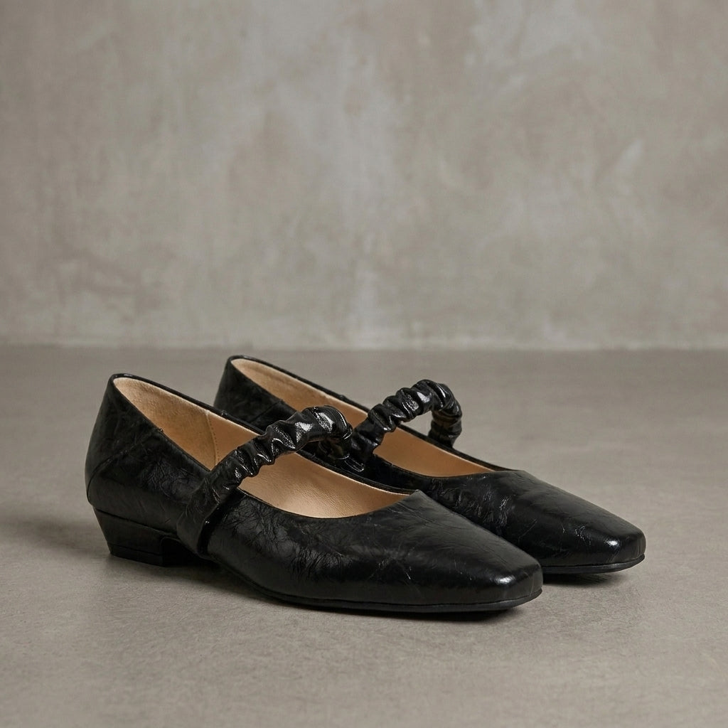 Elegant Square Toe Mary Jane Flats with Ruched Strap Detail