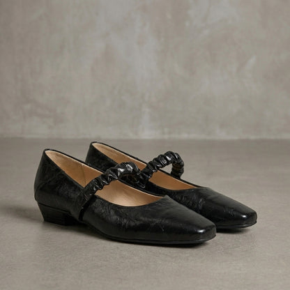 Elegant Square Toe Mary Jane Flats with Ruched Strap Detail
