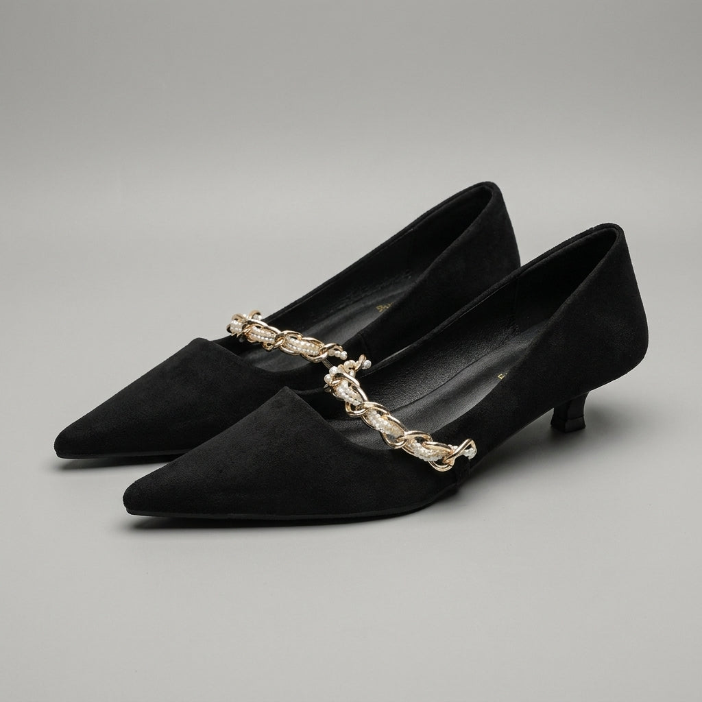 Elegant Pointed Toe Kitten Heels with Delicate Gold Chain Accent