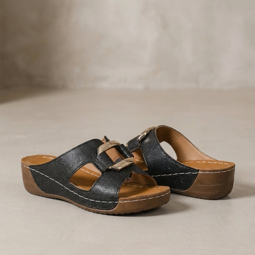 Structured Wedge Sandals with Embossed Texture and Metal Buckle Detail
