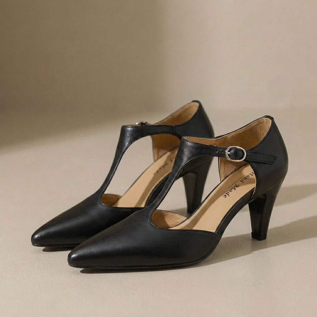Vintage T-Strap Pointed Toe Mid-Heel Pumps