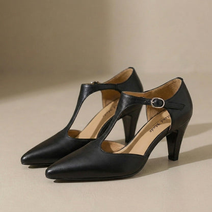 Vintage T-Strap Pointed Toe Mid-Heel Pumps