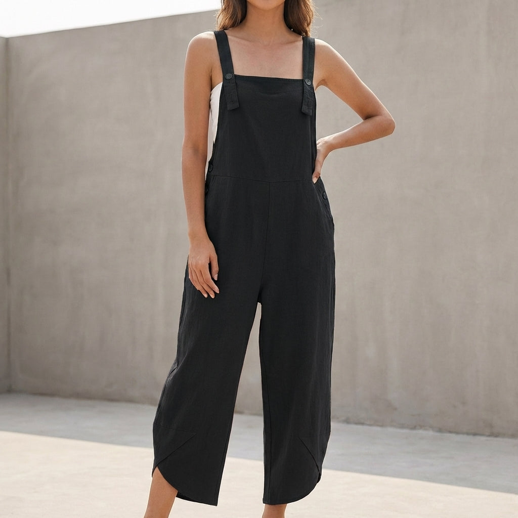 Oversized Wide-Leg Suspender Jumpsuit with Square Neckline and Pockets