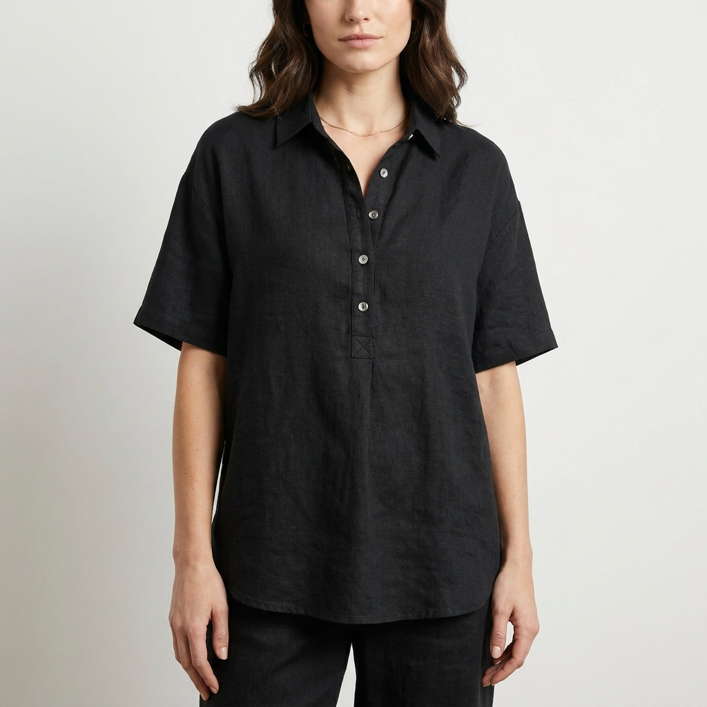 Relaxed Button Front Collared Short Sleeve Blouse