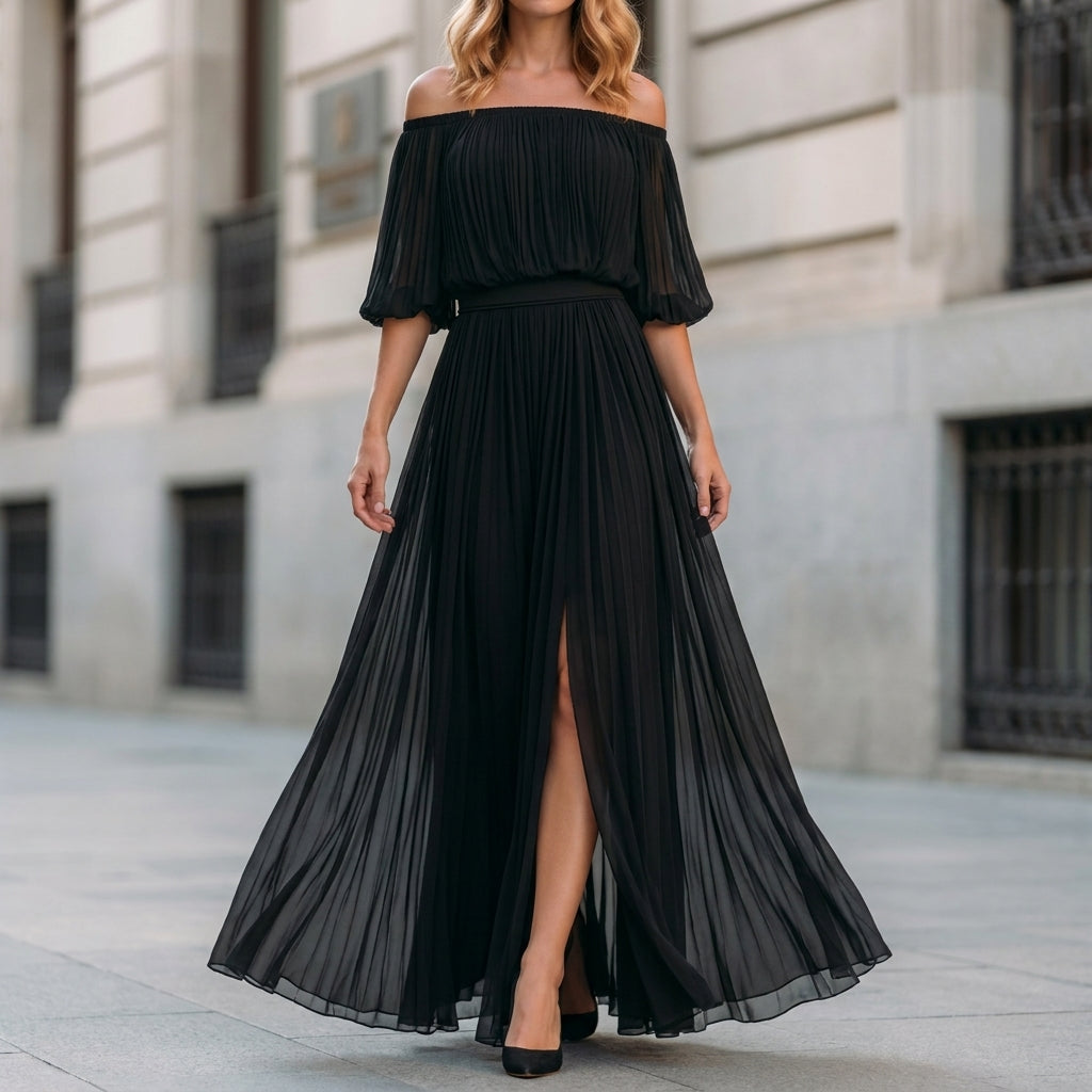 Ethereal Off-Shoulder Pleated Maxi Dress