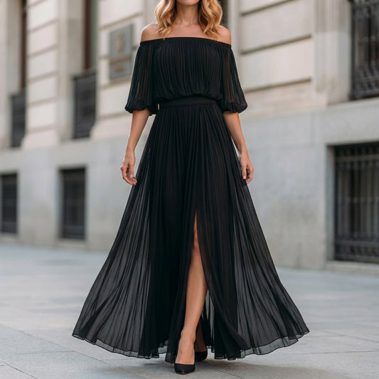 Ethereal Off-Shoulder Pleated Maxi Dress