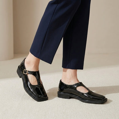 Square-Toe Flat Loafers with Hollow T-Strap and Buckle Closure