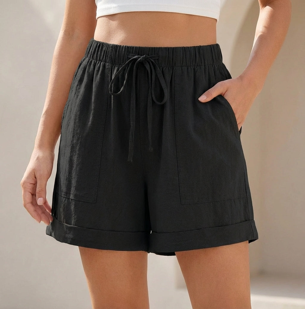 Relaxed Drawstring Shorts with Cuffed Hem and Pockets
