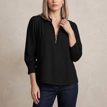 Relaxed Fit Half-Zip Pullover Blouse with Gathered Shoulders