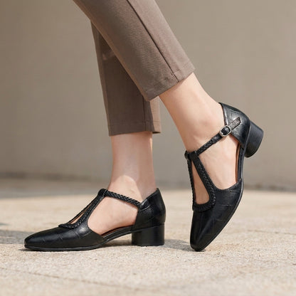 Embossed Braided T-Strap Mary Jane Flats with Block Heel