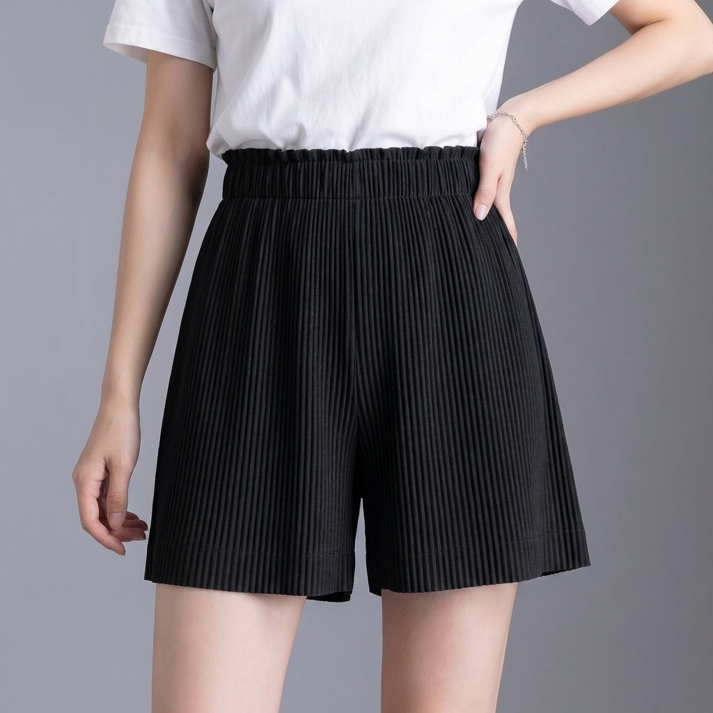 High-Waisted Wide-Leg Pleated Shorts with Ruffle-Trim Waistband