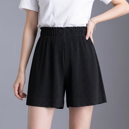 High-Waisted Wide-Leg Pleated Shorts with Ruffle-Trim Waistband