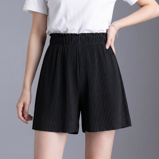 High-Waisted Wide-Leg Pleated Shorts with Ruffle-Trim Waistband