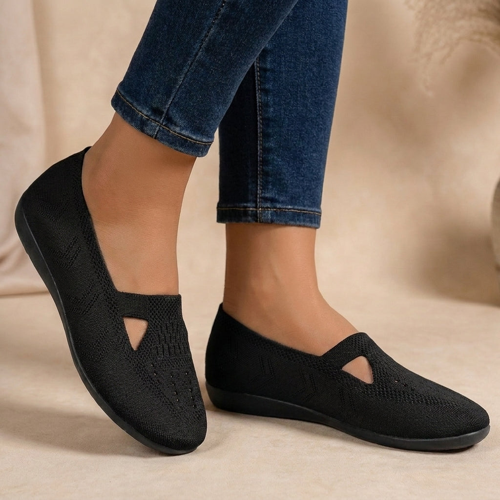 Fly-Knit Low-Cut Flats with Breathable Textured Knit and Hollow-Out Detailing